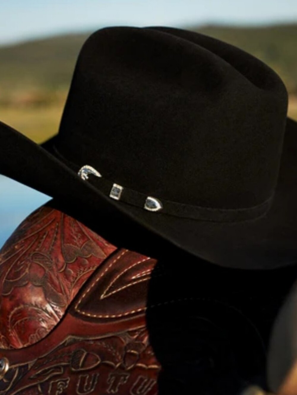 STESON Black Wide Brim Hat CLASSIC Cowboy SKYLINE SILVER Buckle 6 5/8 Never Worn - Picture 4 of 7